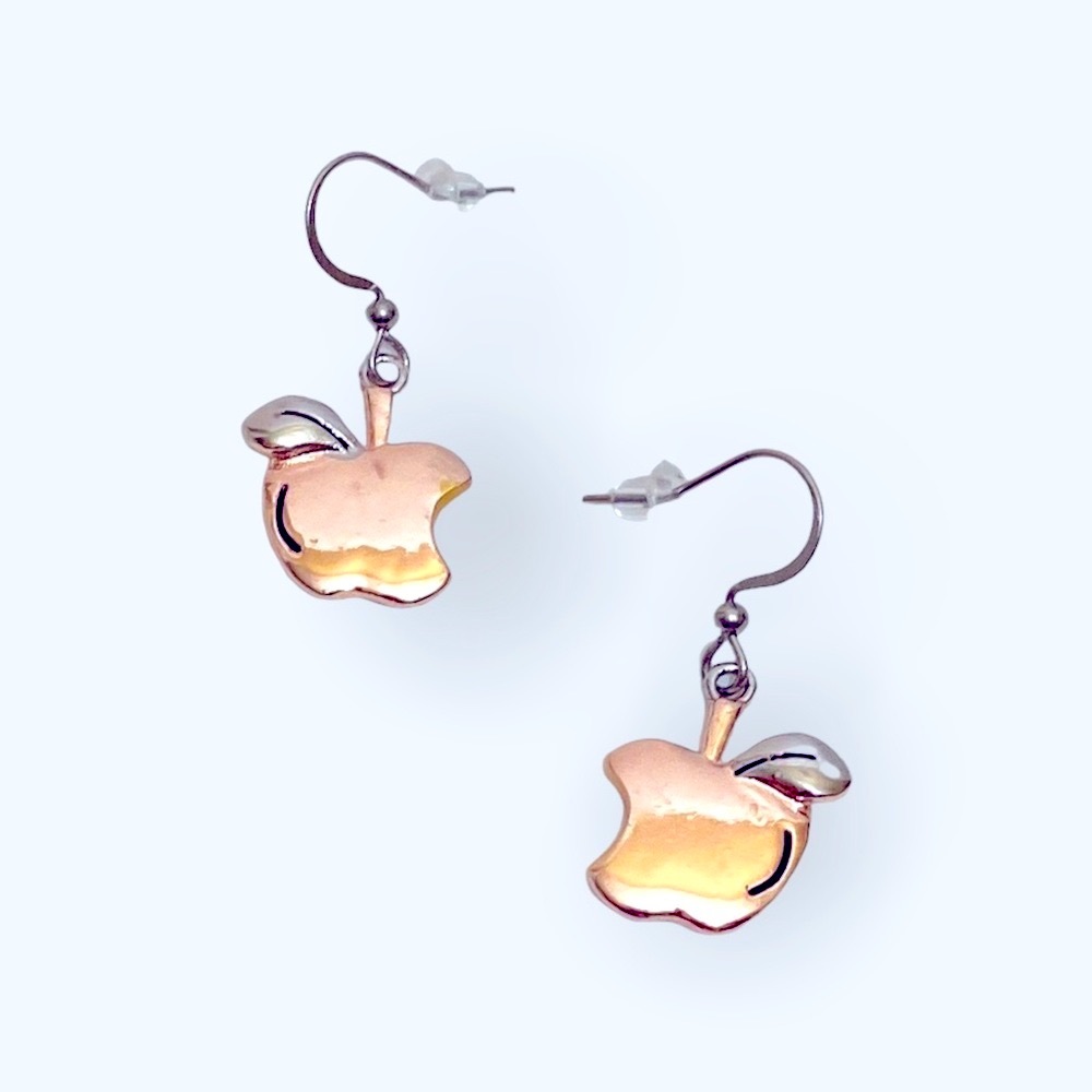 Once Bitten Apple Earrings • Glossy Rose Gold & Silver Finish • Fish Hook Backs